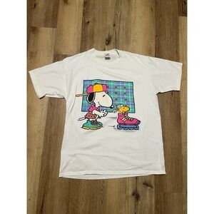 Vintage Jerzees Snoopy Woodstock Rollerblading T-Shirt White XL Made in USA